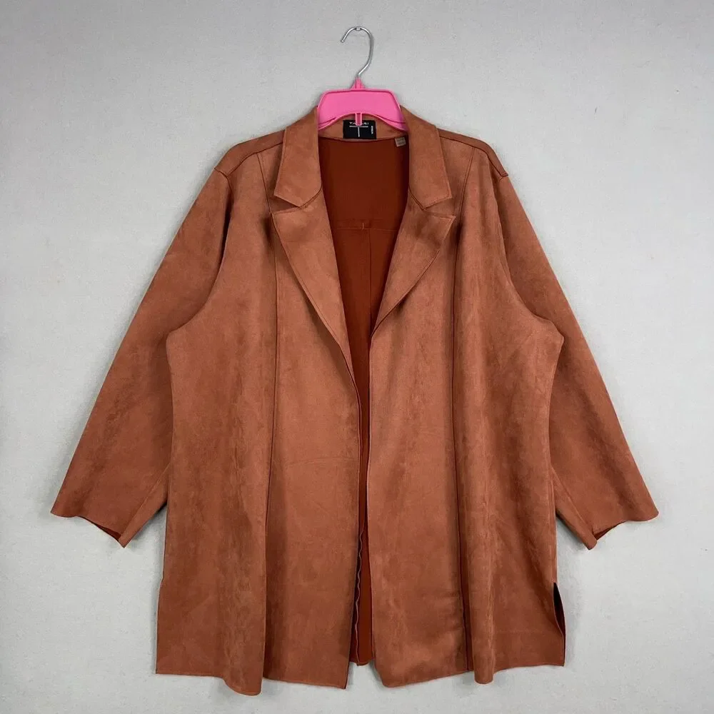 Tahari Jacket Womens 2X Brown Faux Suede Open Soft Minimal Quiet Luxury Autumn - Picture 1 of 14